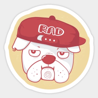 Grumpy face bulldog wears RAD baseball cap, cute doodle cartoon Sticker